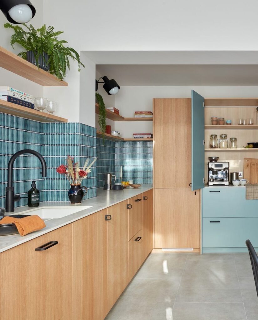 A zoned breakfast larder and coffee station frees up worktop space and provides more efficient storage in this south London kitchen by Husk and Grace King
