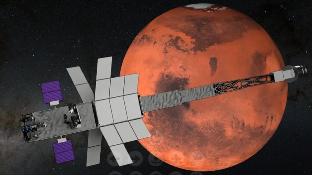 Illustration of NASA's SR 1 Freedom spaceship in front of an illustration of Mars