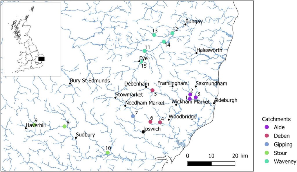Sampling locations of collected biota and surface water samples within the respective river catchments of Suffolk