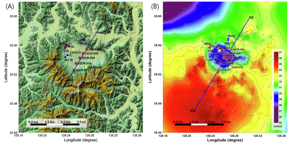 Map of the Hapcheon impact crater (Jeokjung–Chogye Basin) in Korea, showing the gravity anomaly and simplified lithological data.